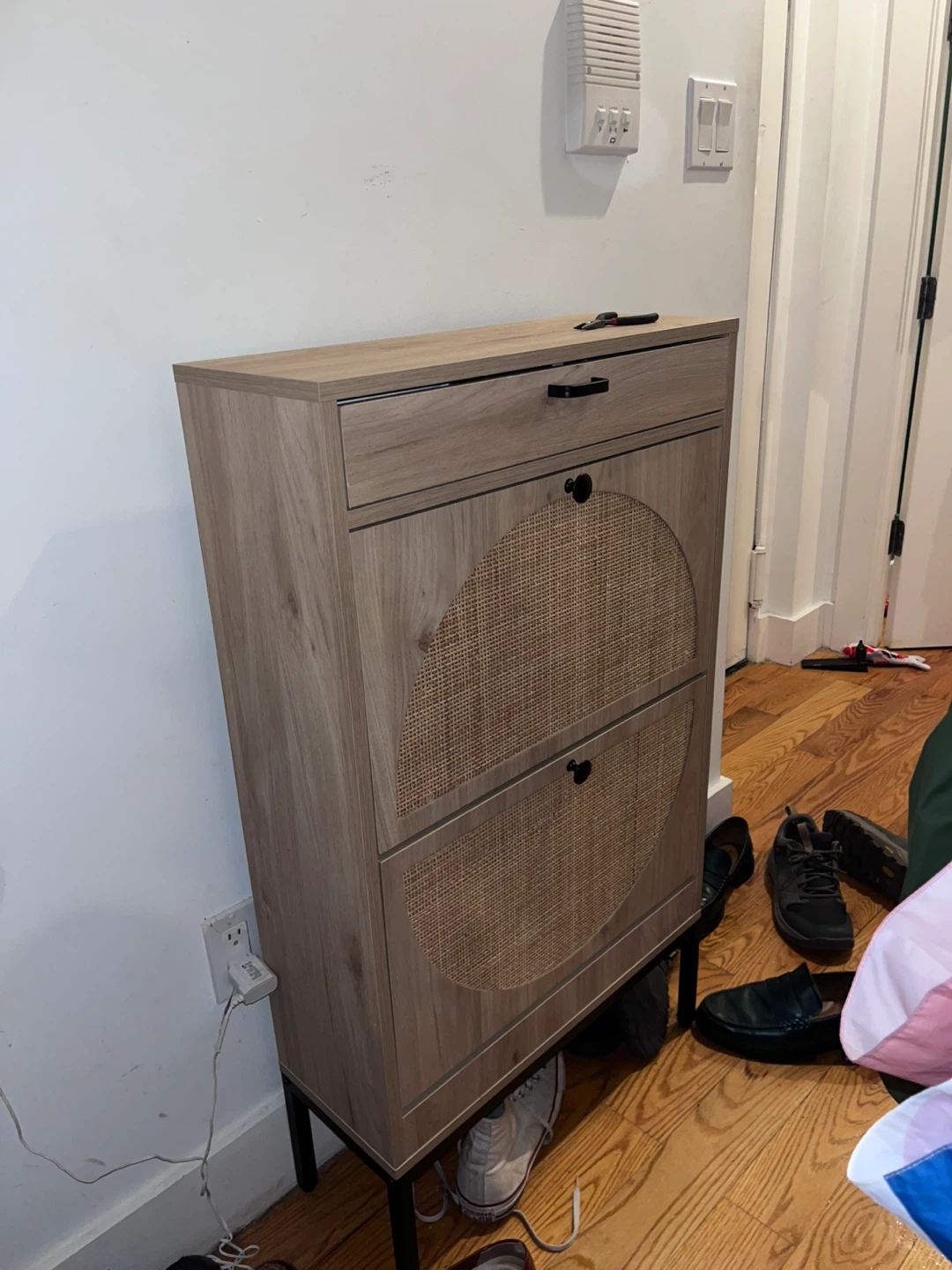 Narrow Shoe Cabinet with Rattan Fronts