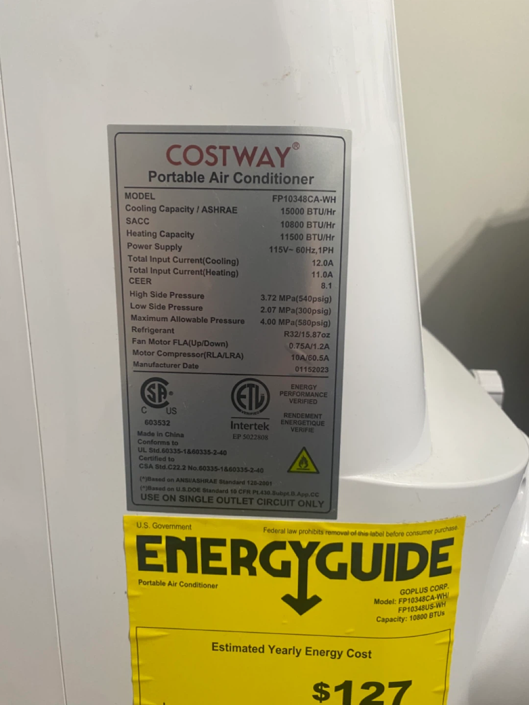 Costway Portable Air Conditioner FP10348CA-WH - photo 5