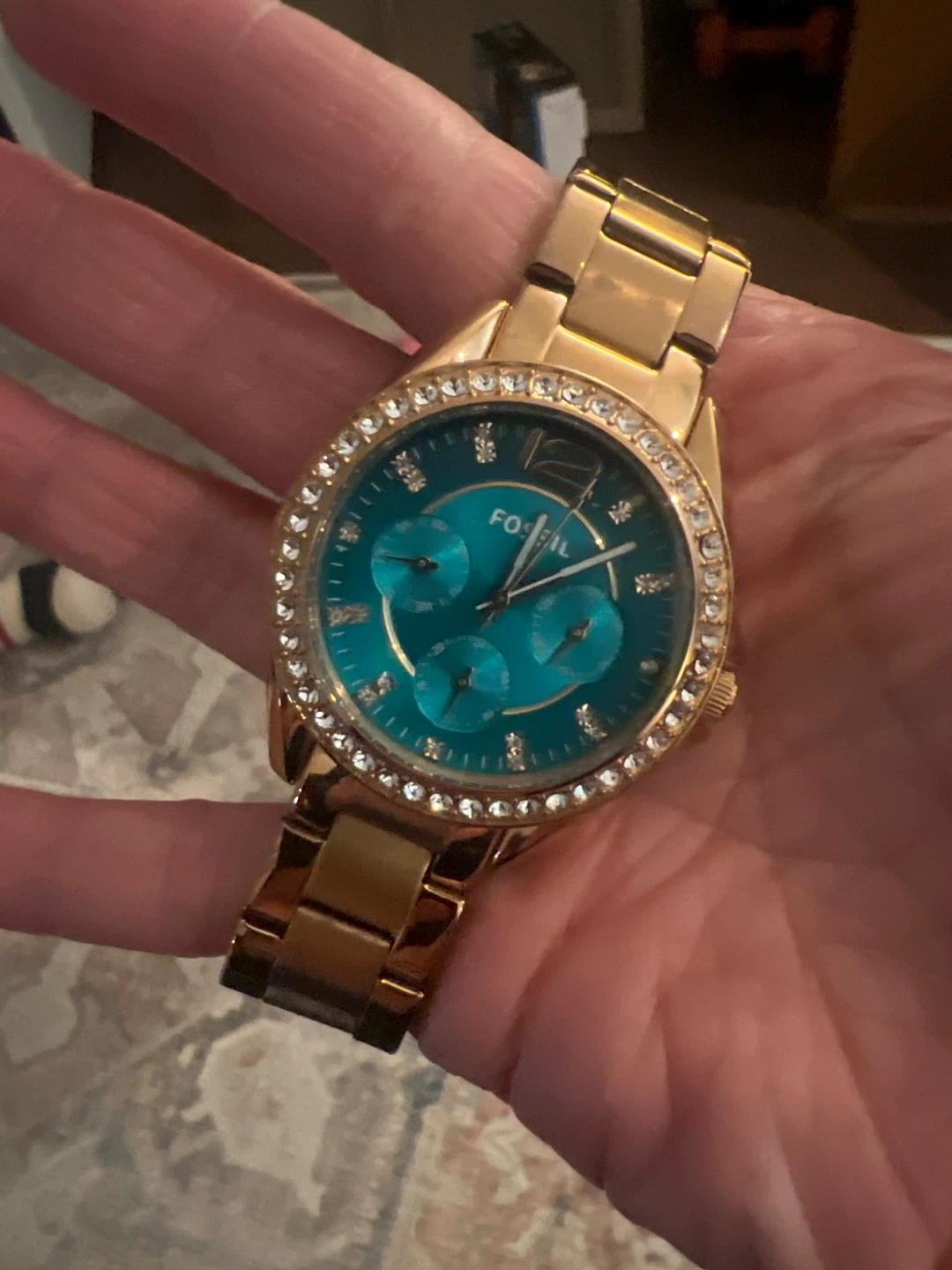 Fossil Rose Gold Tone Watch with Teal Dial and Crystal Bezel