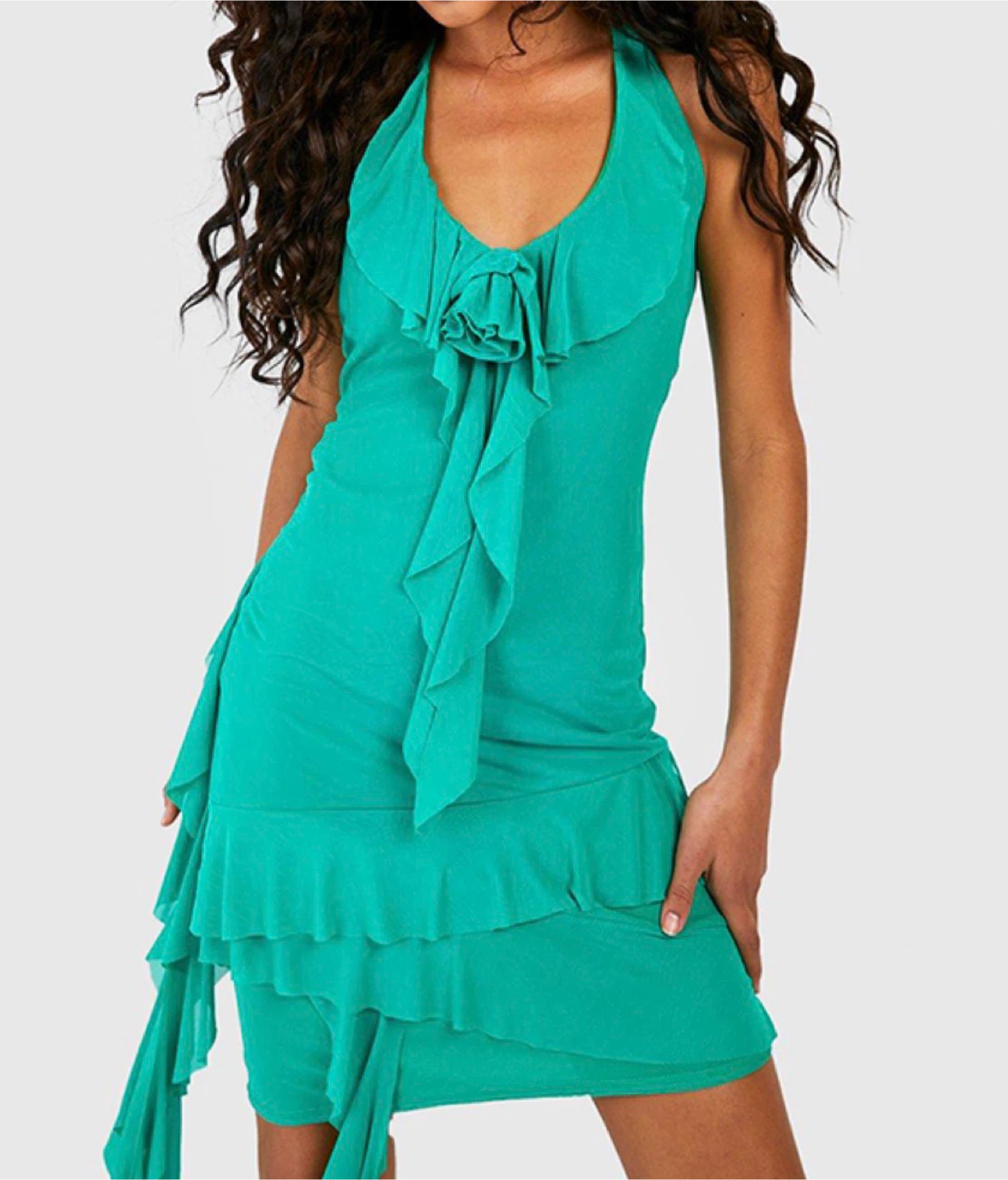 Boohoo Green Halter Neck Ruffle Mini Dress