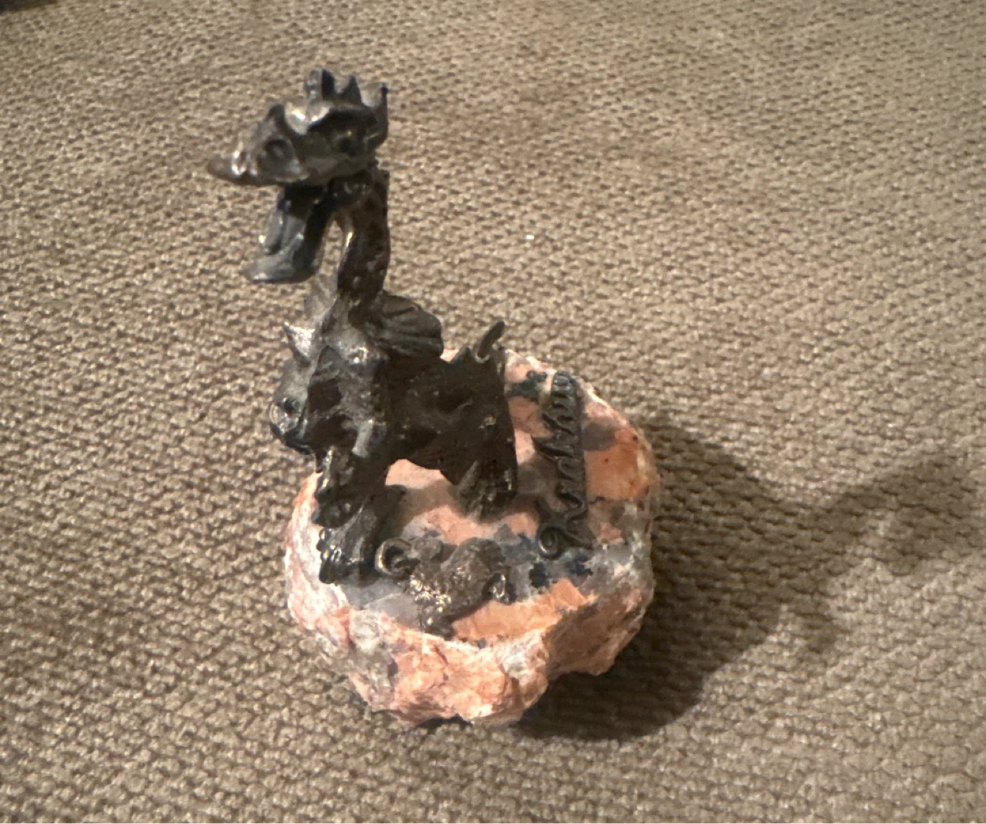 Metal Dragon Sculpture on Stone Base