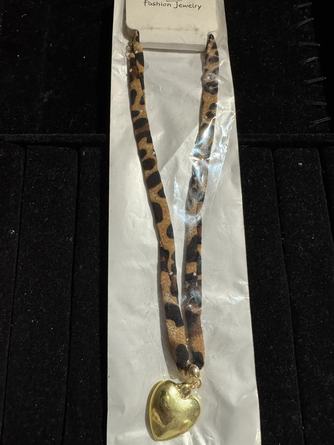 Gold Heart Pendant Necklace with Leopard Print Fabric Cord - photo 2