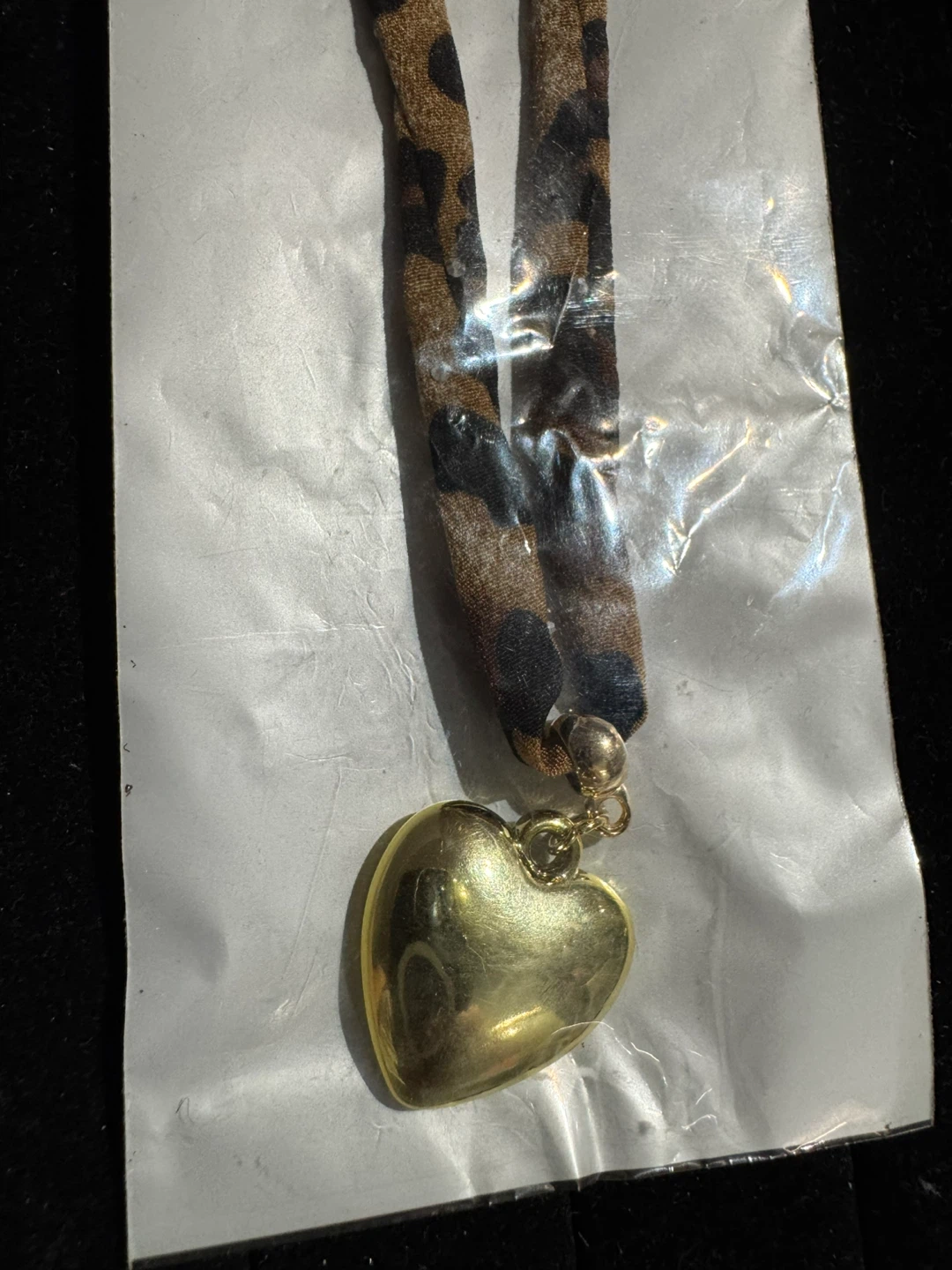 Gold Heart Pendant Necklace with Leopard Print Fabric Cord