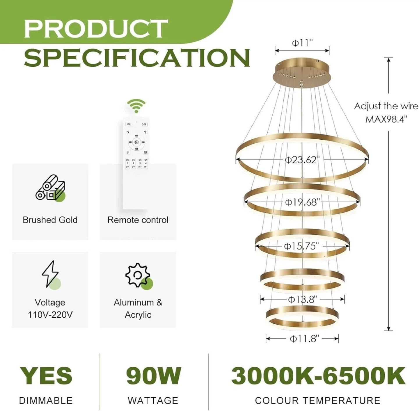 Benkut 5-Rings Modern LED Chandelier Gold - photo 3