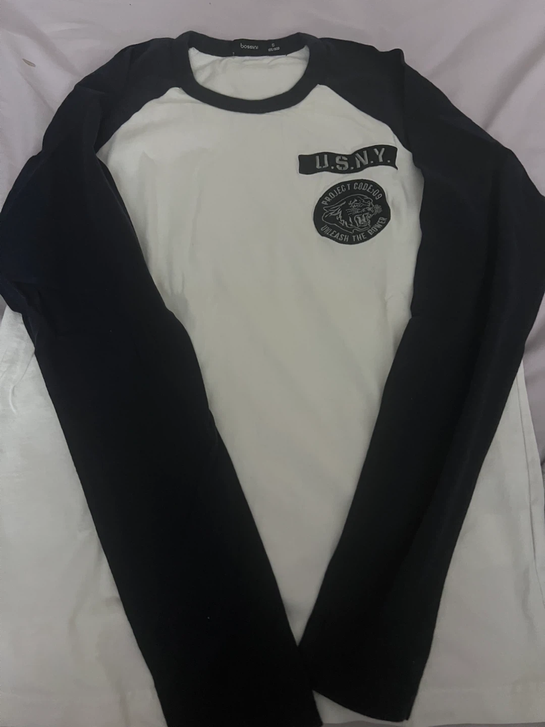 Bossini Long Sleeve Raglan T-Shirt - White/Black - Size S