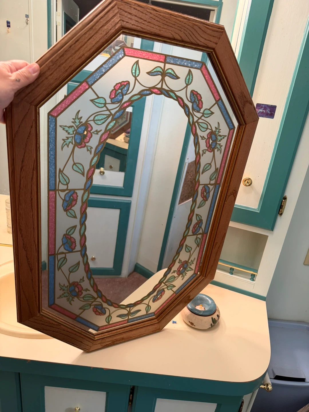 Octagon Stained Glass Style Mirror with Wood Frame