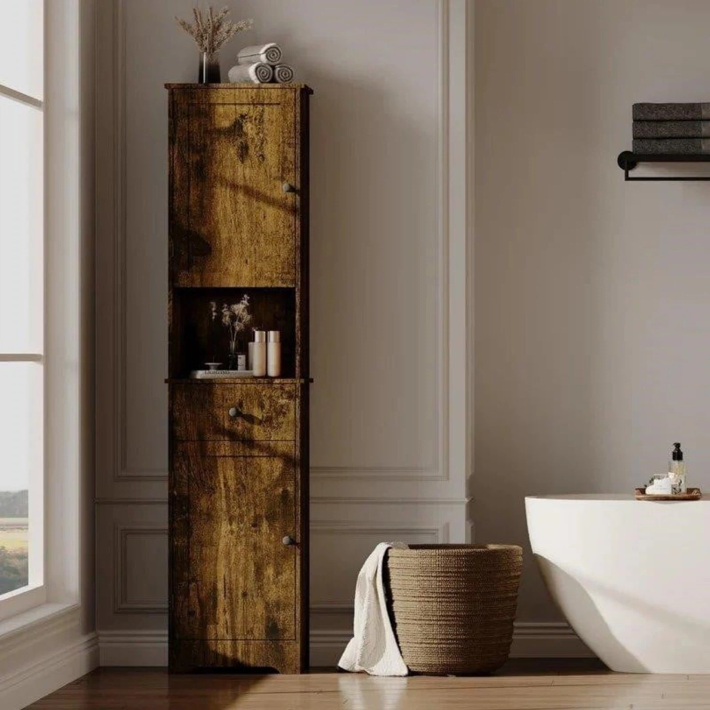 Tall Wooden Storage Cabinet - Brown