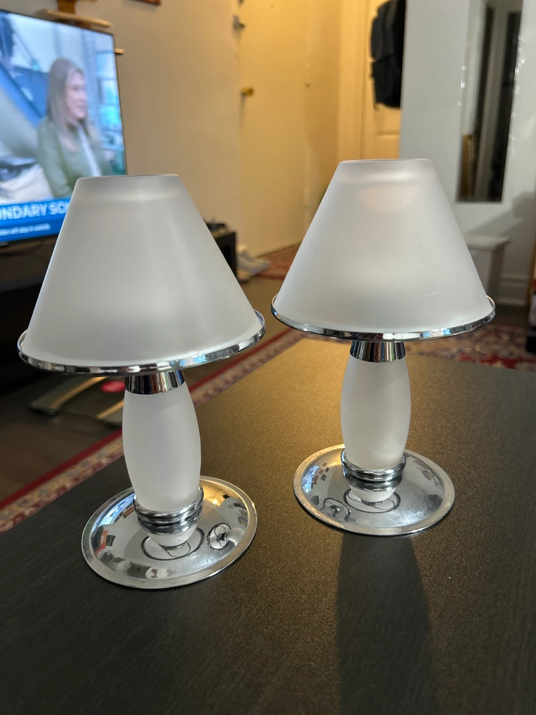 Set of 2 Frosted Glass Candle Holders with Chrome Accents - photo 2