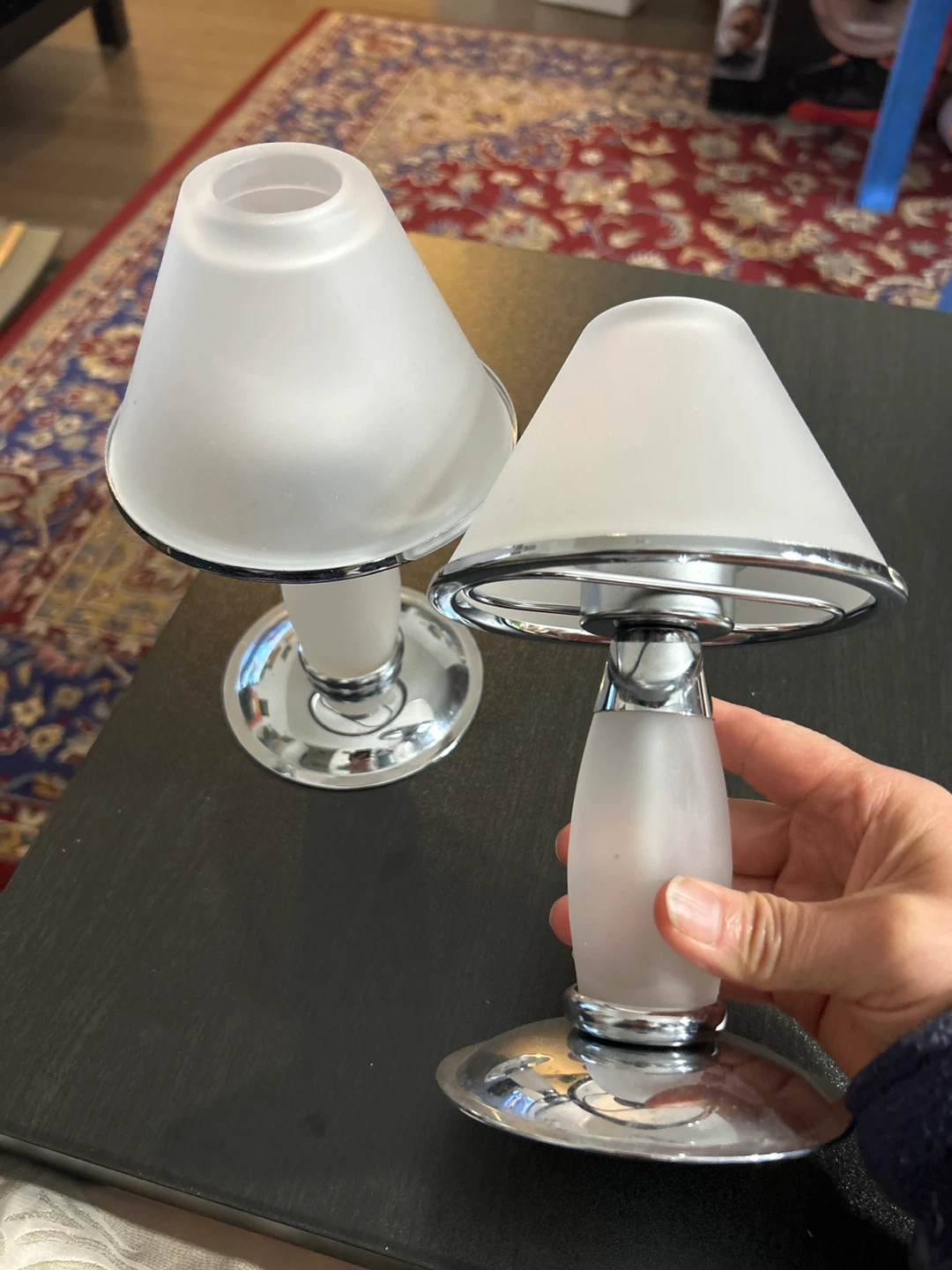 Set of 2 Frosted Glass Candle Holders with Chrome Accents