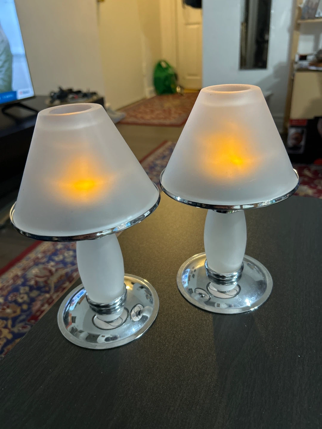 Set of 2 Frosted Glass Candle Holders with Chrome Accents - photo 4