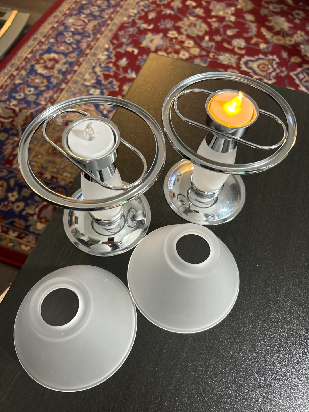 Set of 2 Frosted Glass Candle Holders with Chrome Accents - photo 3