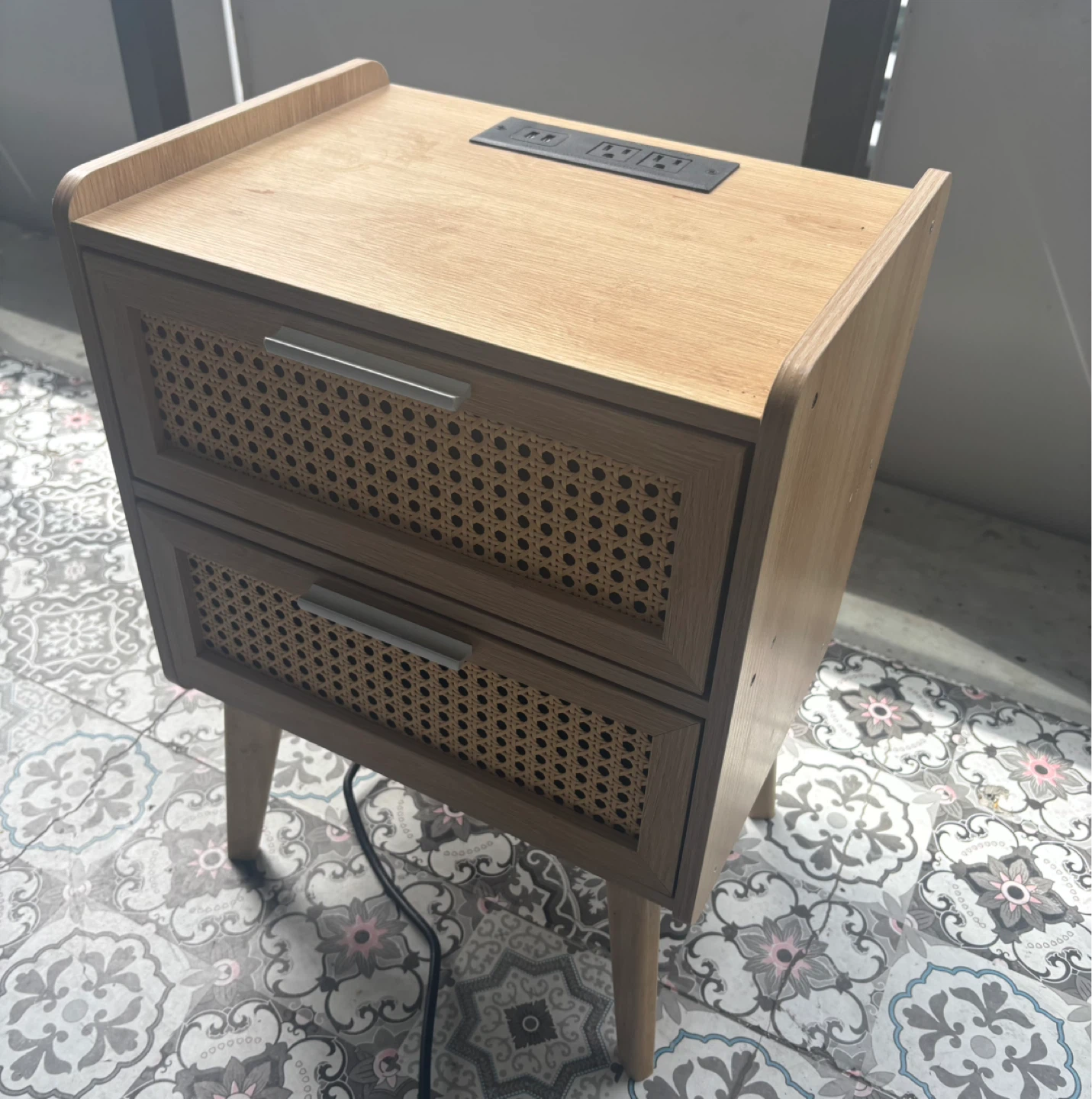 Wood Nightstand with 2 Drawers and Built-in Power Outlet