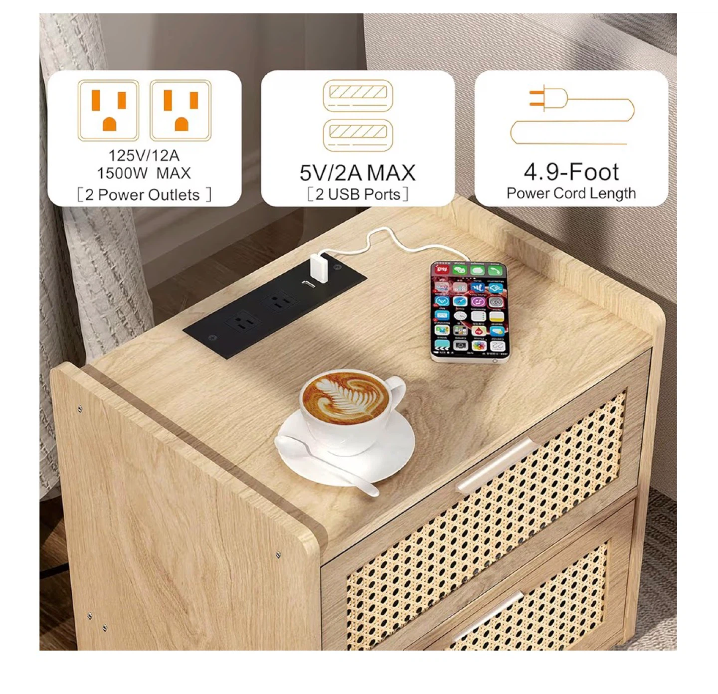 Wood Nightstand with 2 Drawers and Built-in Power Outlet - photo 5