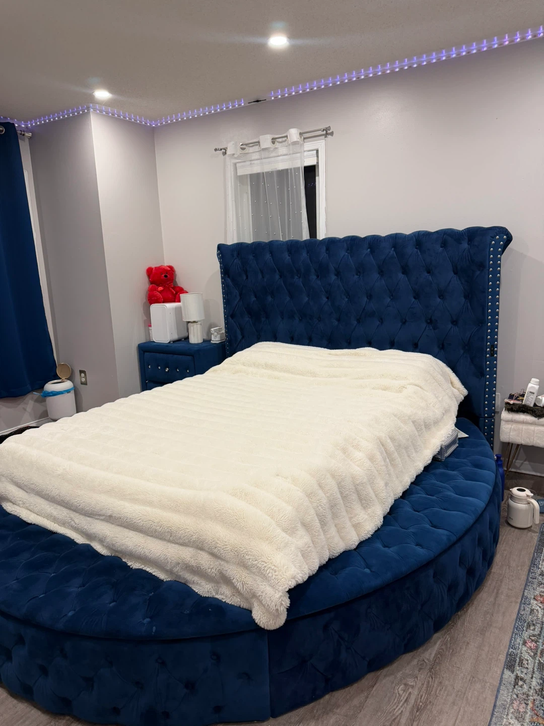 Blue Velvet Tufted Round Bed Frame with Storage