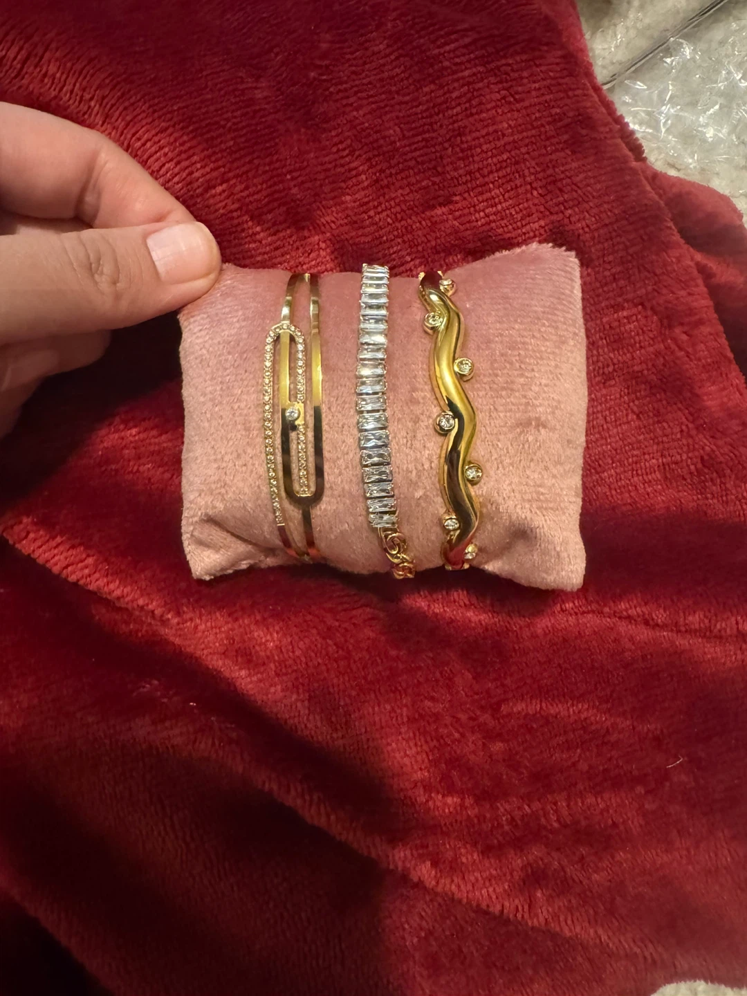 Set of 3 gold-tone bracelets with rhinestones