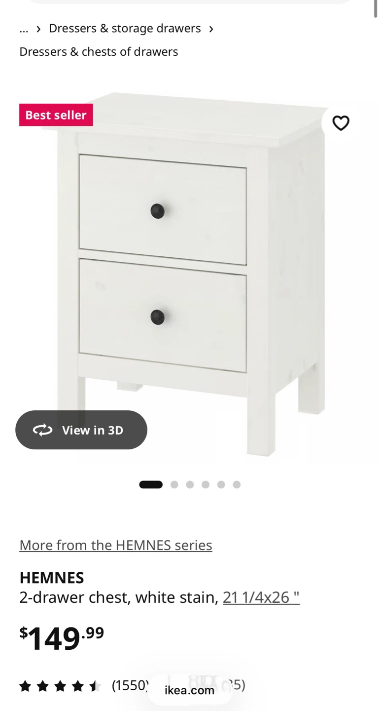 IKEA HEMNES 2-Drawer Nightstand - White - photo 3