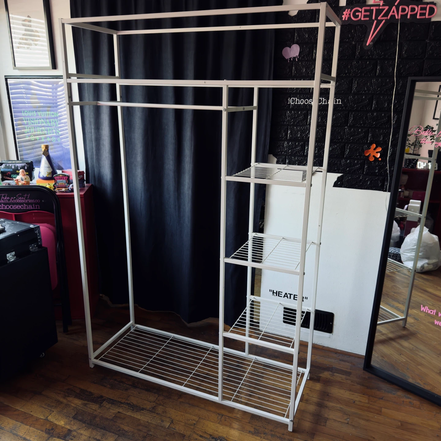 White Metal Garment Rack with Shelves