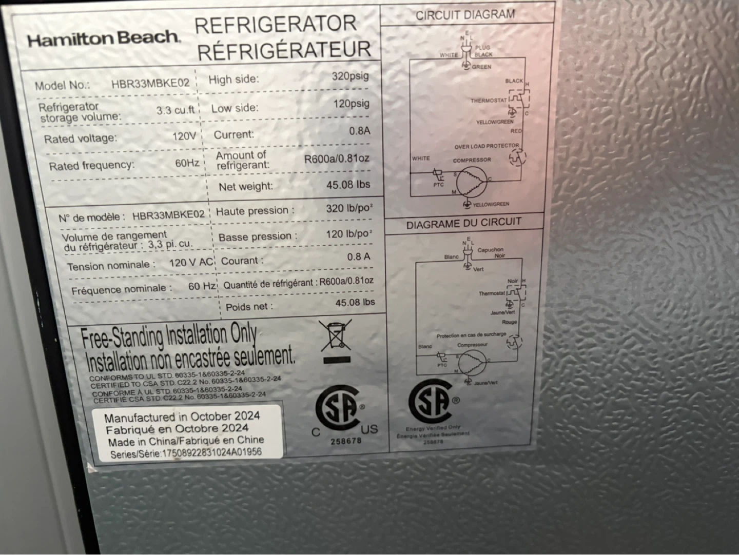 Hamilton Beach Refrigerator HBR33MBKE02 - photo 2