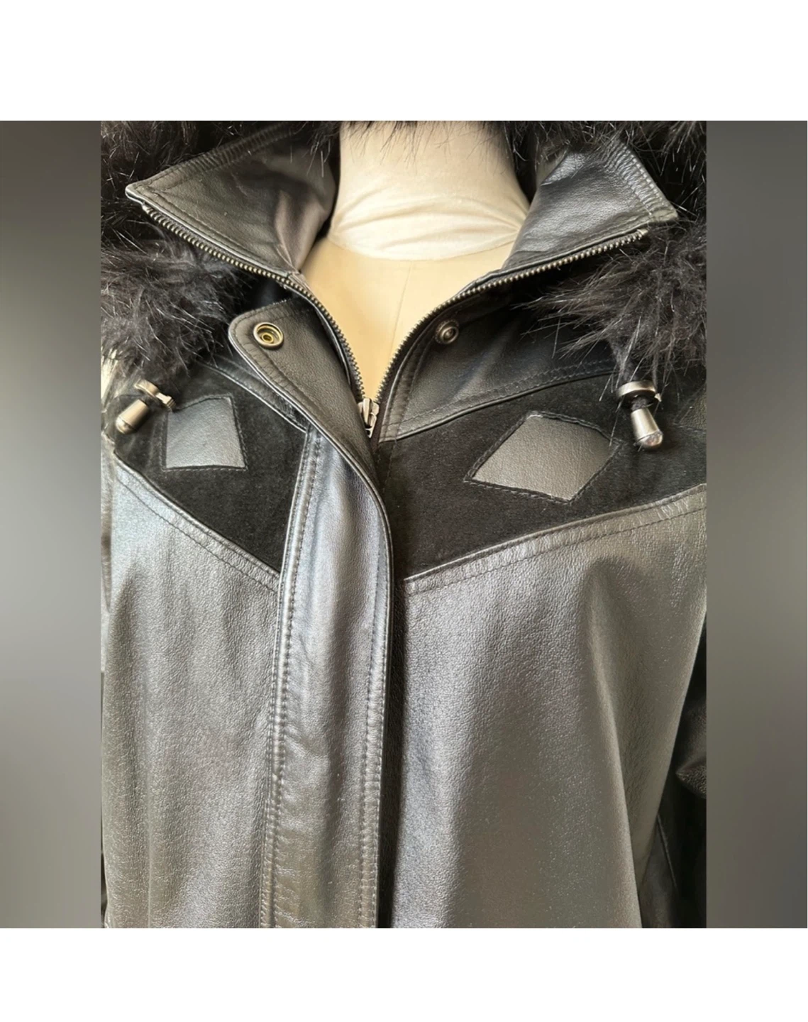 Vintage Jessica Leather Suede Diamond Faux Fur Hood Jacket Coat - photo 4
