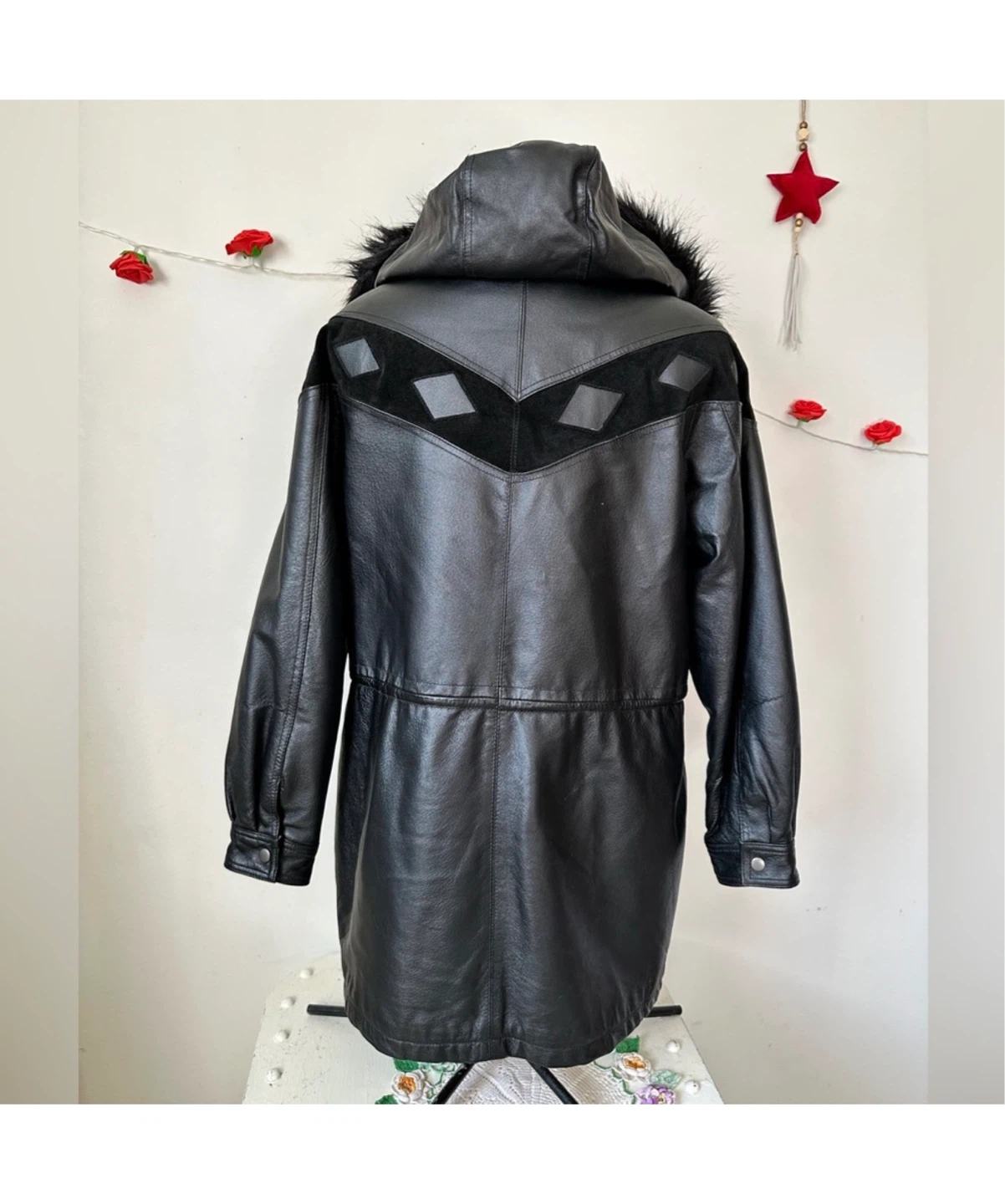 Vintage Jessica Leather Suede Diamond Faux Fur Hood Jacket Coat - photo 3