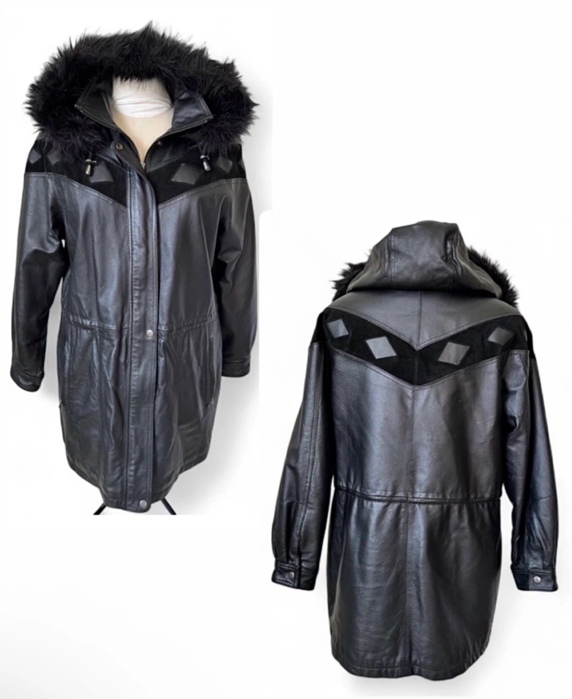 Vintage Jessica Leather Suede Diamond Faux Fur Hood Jacket Coat