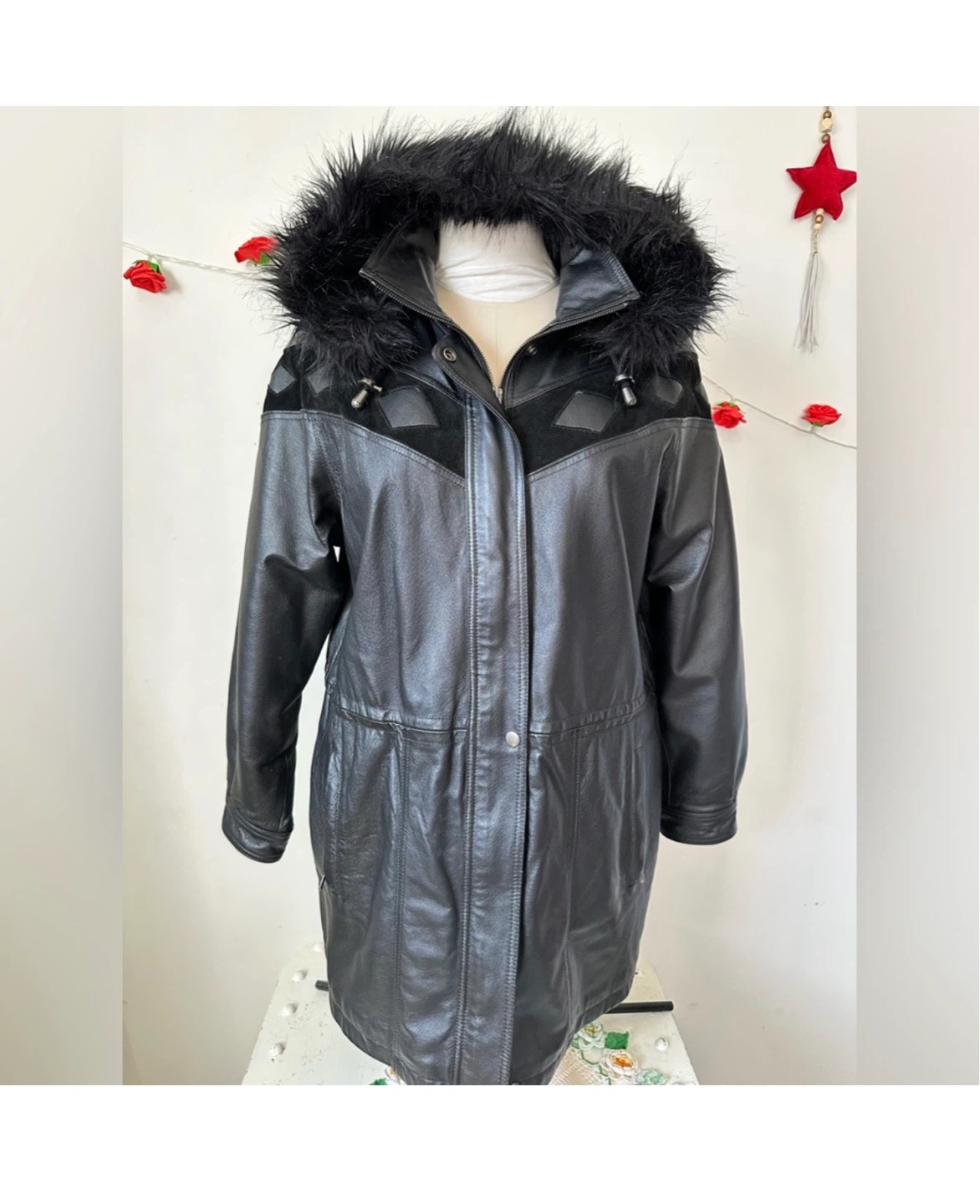 Vintage Jessica Leather Suede Diamond Faux Fur Hood Jacket Coat - photo 5