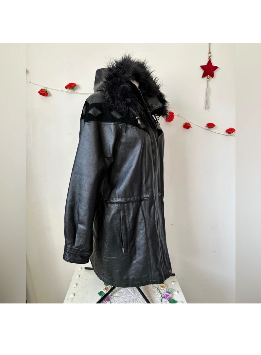 Vintage Jessica Leather Suede Diamond Faux Fur Hood Jacket Coat - photo 2