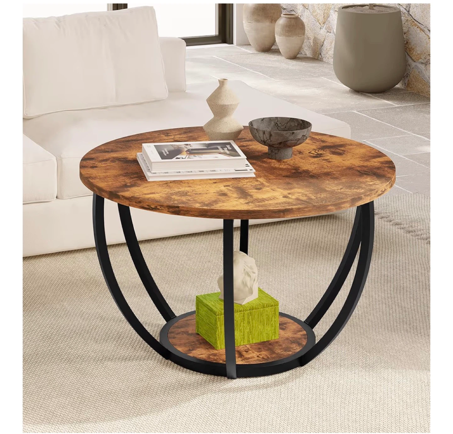 Round Coffee Table with Storage Shelf