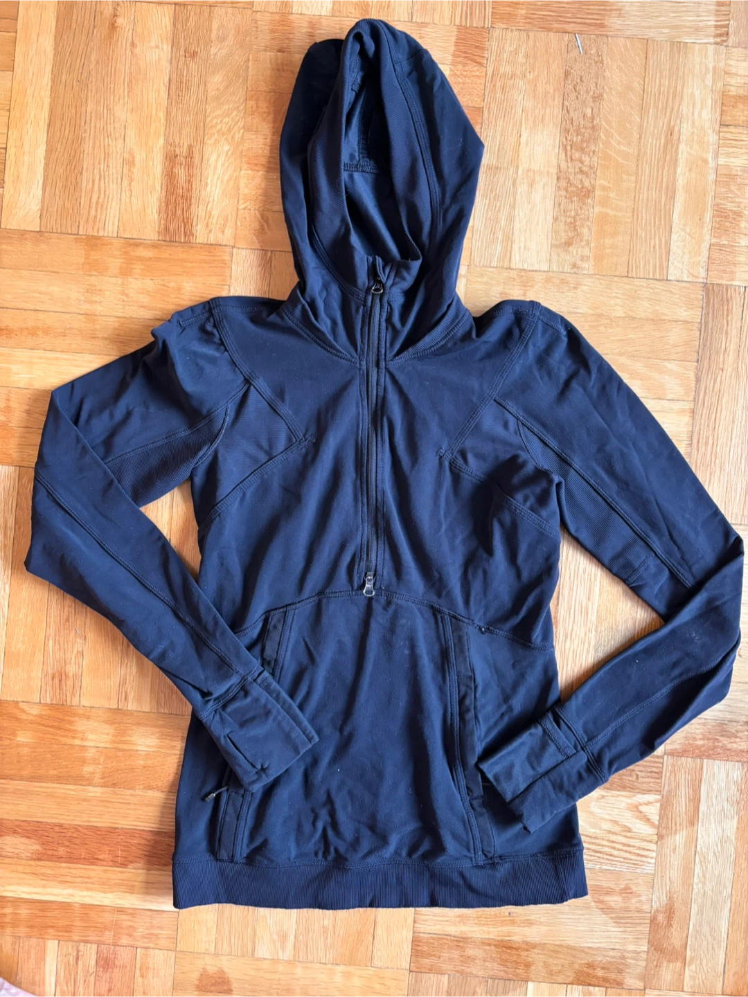 Lululemon Navy Blue Hooded Zip-Up Jacket with Thumbholes