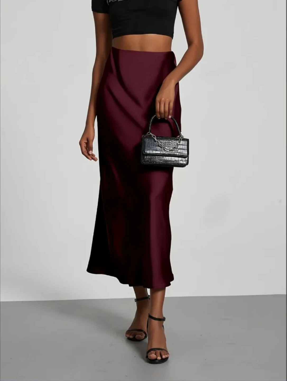 Brand New Maroon Satin Midi Skirt