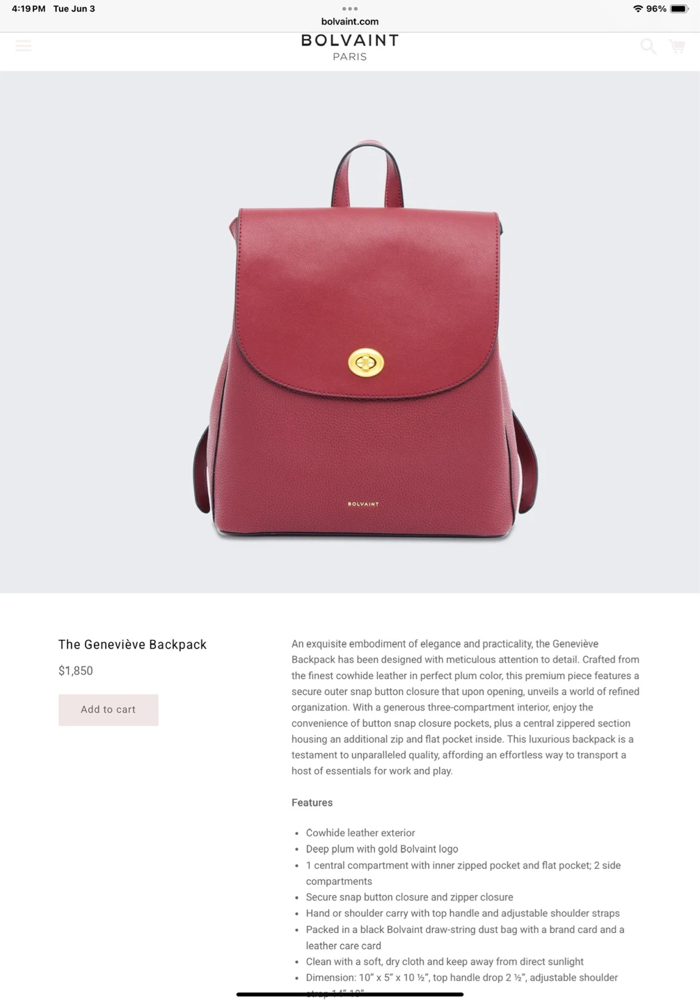 Bolvaint Paris The Geneviève Backpack - Plum