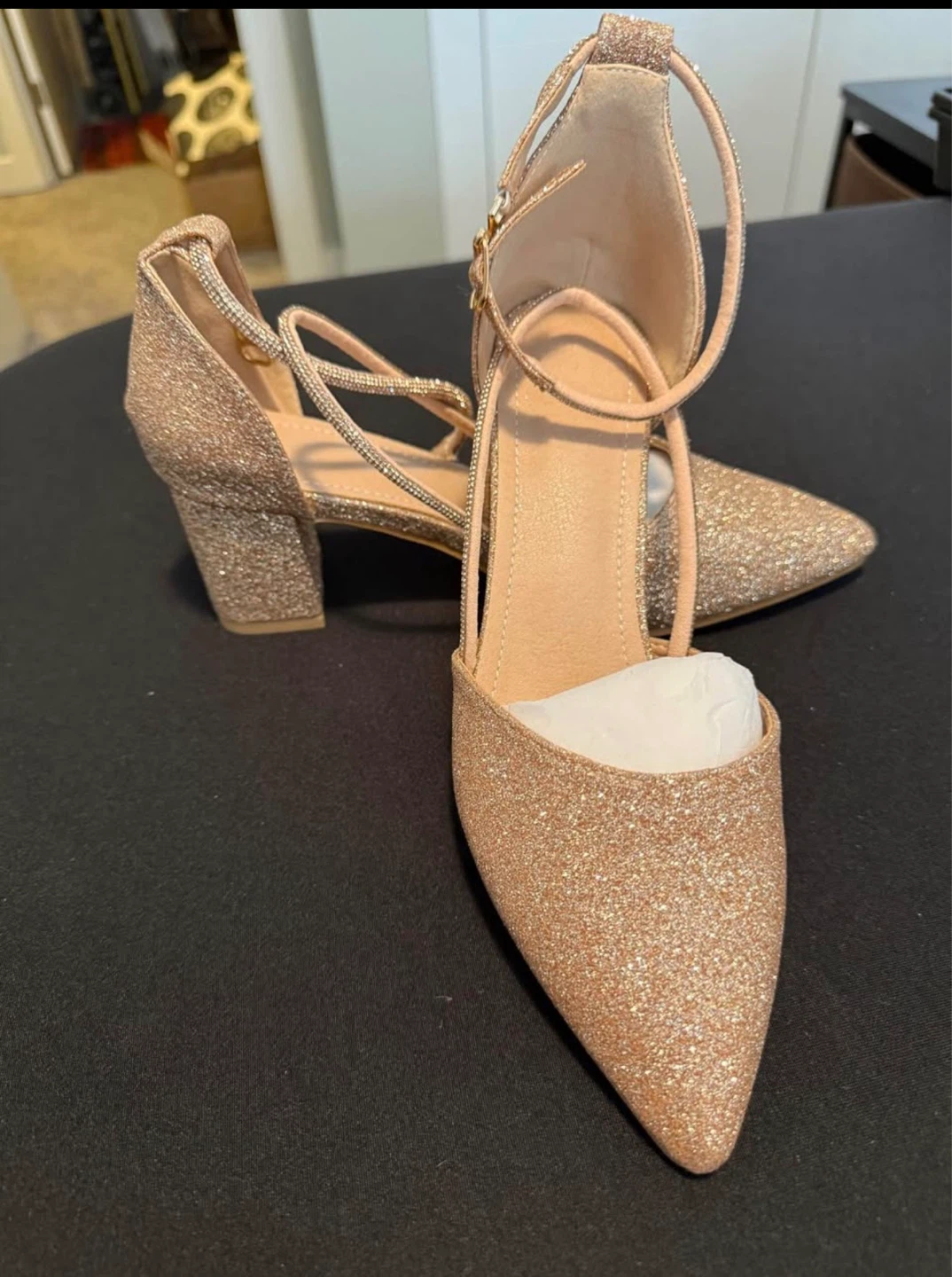 Glittery Rose Gold Block Heel Dress Shoes