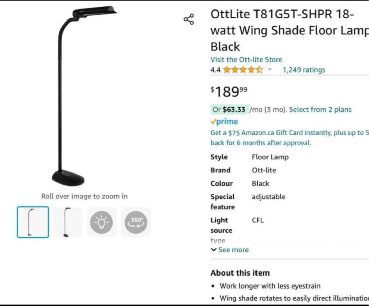 OttLite T81G5T-SHPR 18-watt Wing Shade Floor Lamp Black