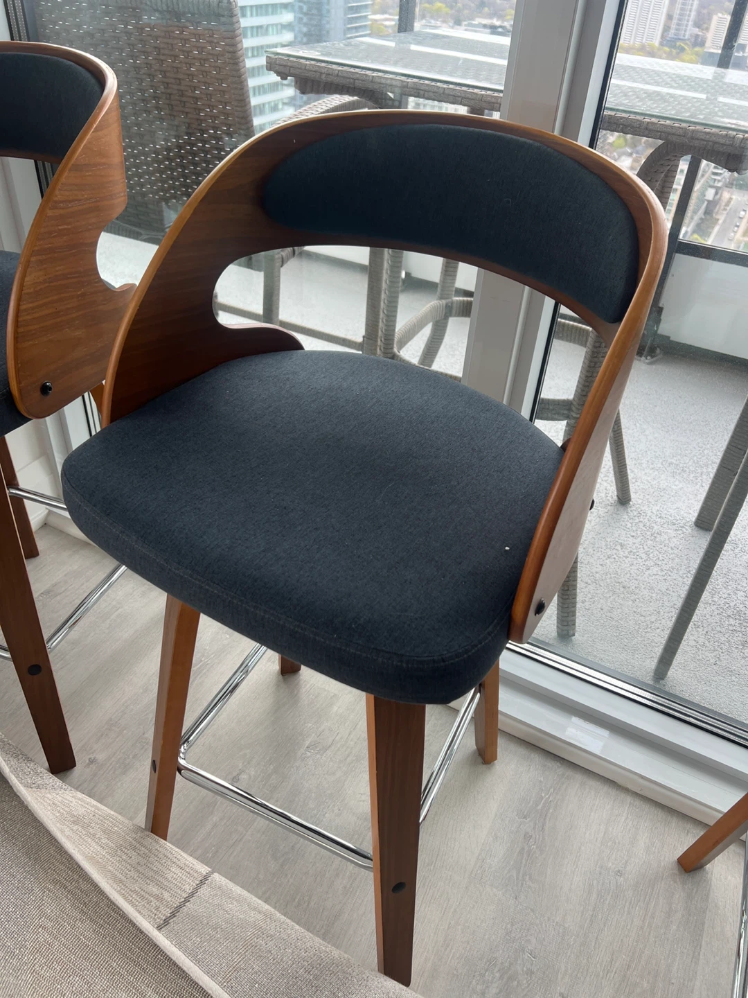 Set of 3 navy blue Upholstered Bar Stools with Wood Trim - photo 2