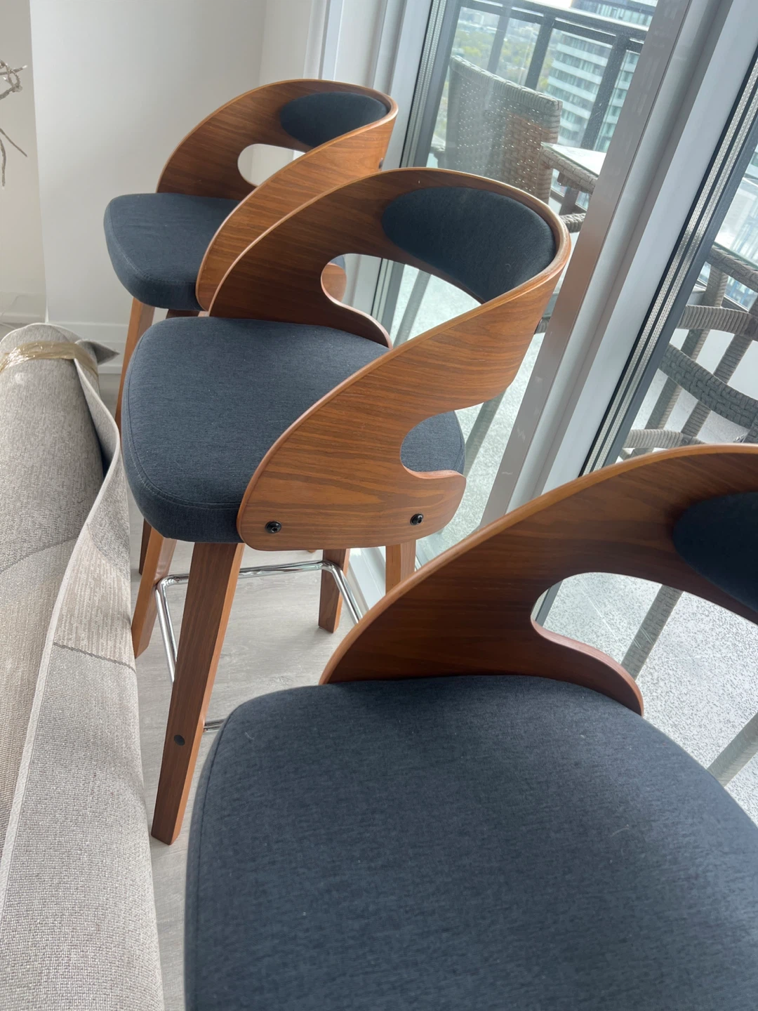 Set of 3 navy blue Upholstered Bar Stools with Wood Trim - photo 4