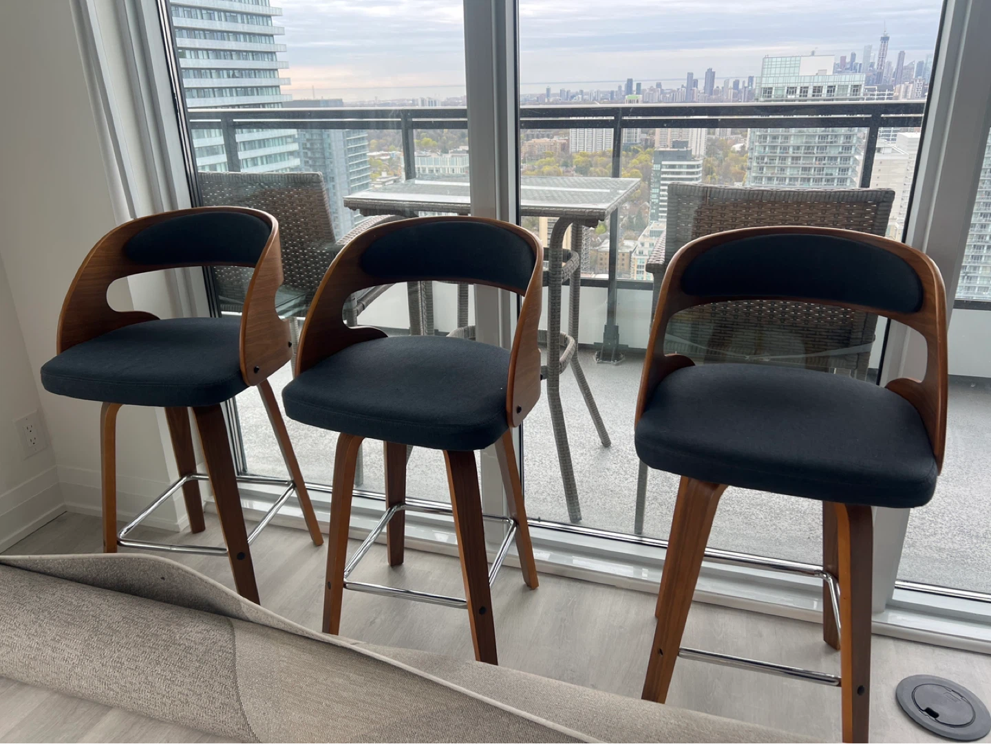 Set of 3 navy blue Upholstered Bar Stools with Wood Trim