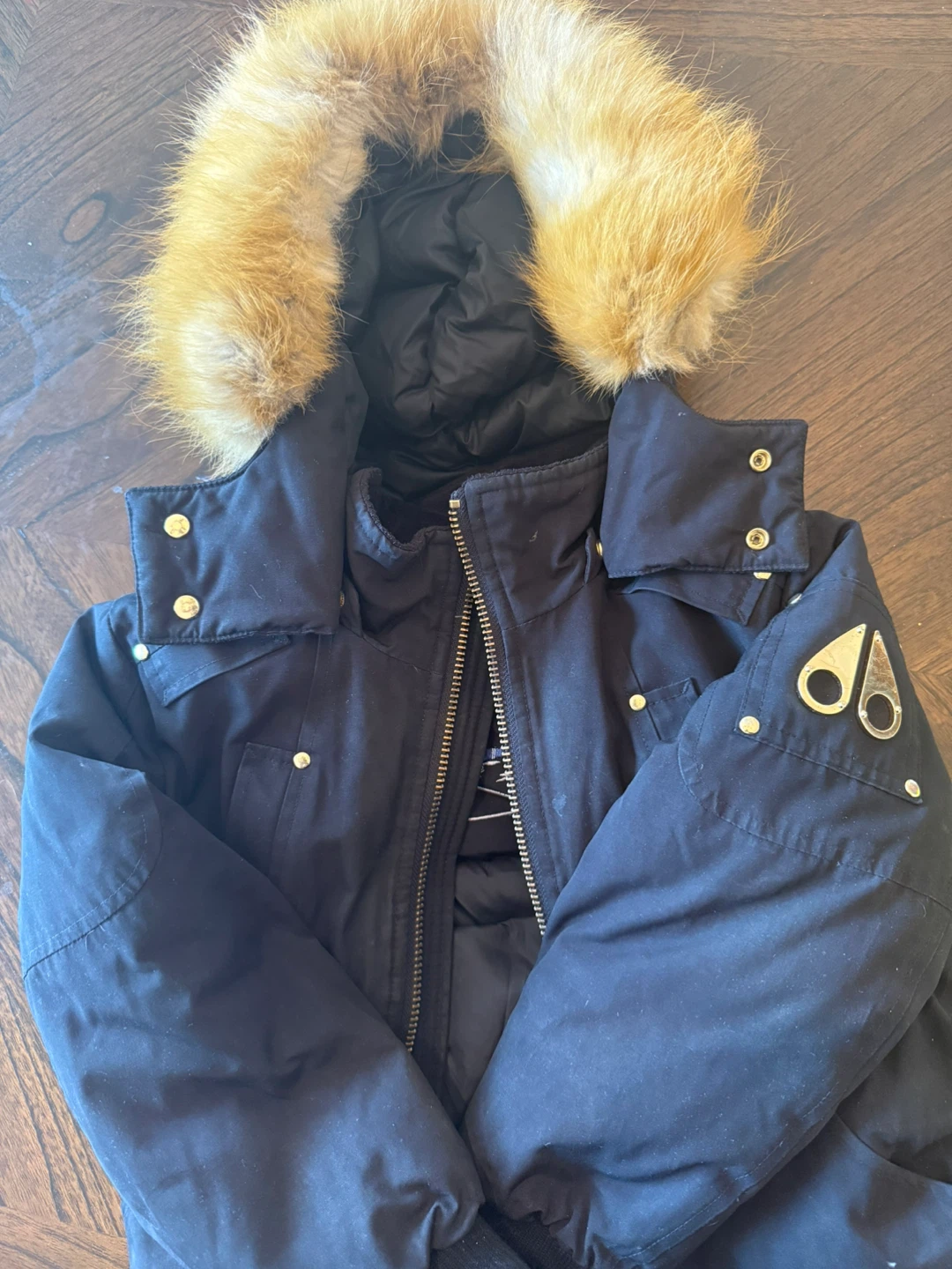 Moose Knuckles Black Bomber Jacket with Fur Hood kids size 6