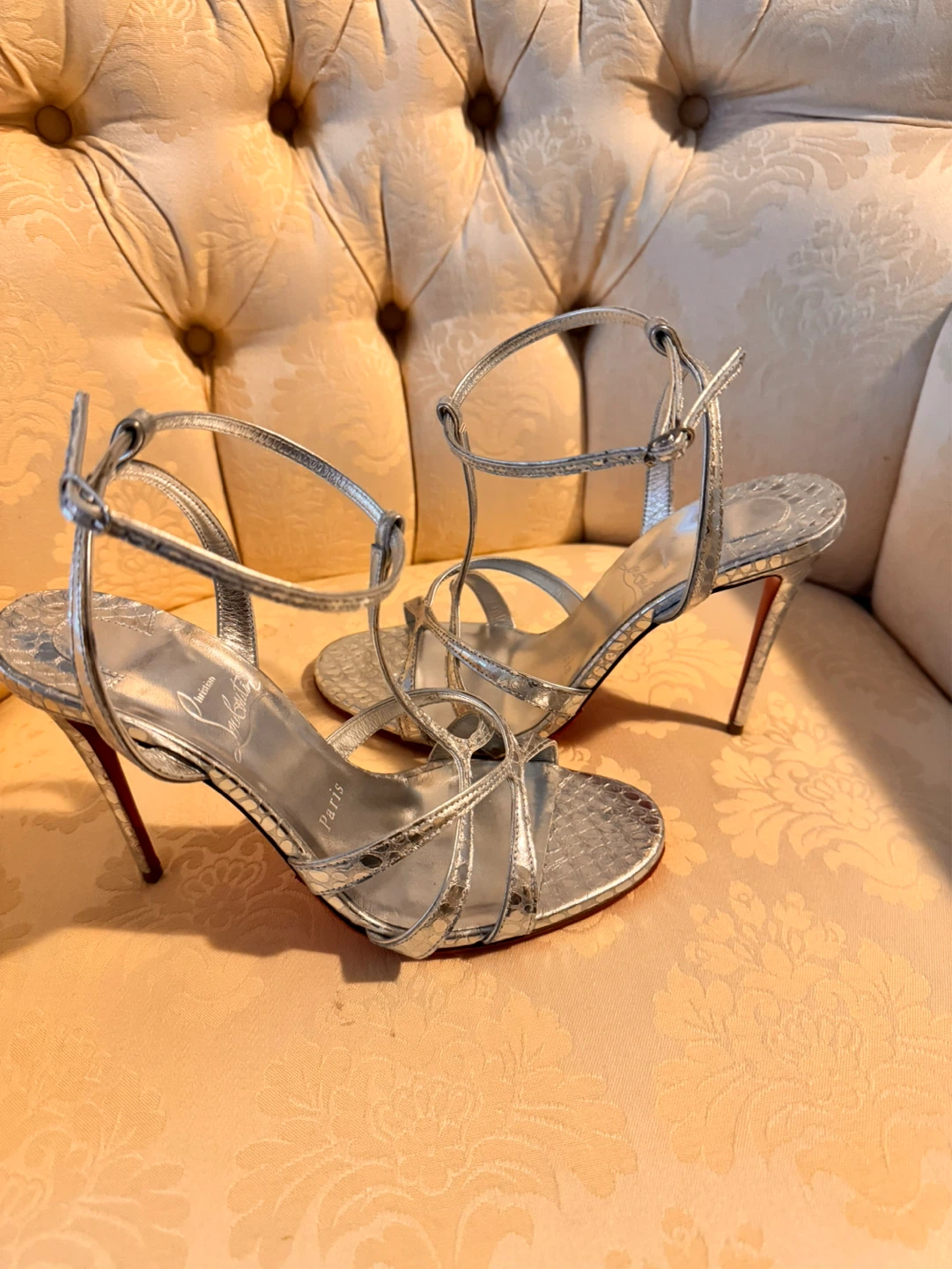 Christian Louboutin Silver Snake Print Strappy Heels