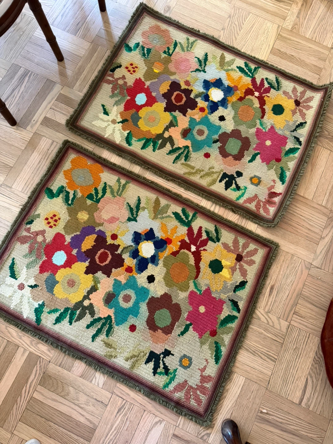 Vintage Handmade Floral Needlepoint Rugs - Set of 2