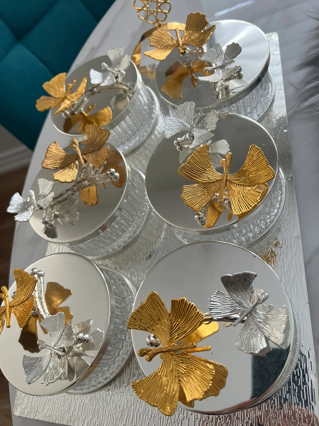 Set of 6 Decorative Trays with Ginkgo Leaf Embellishments