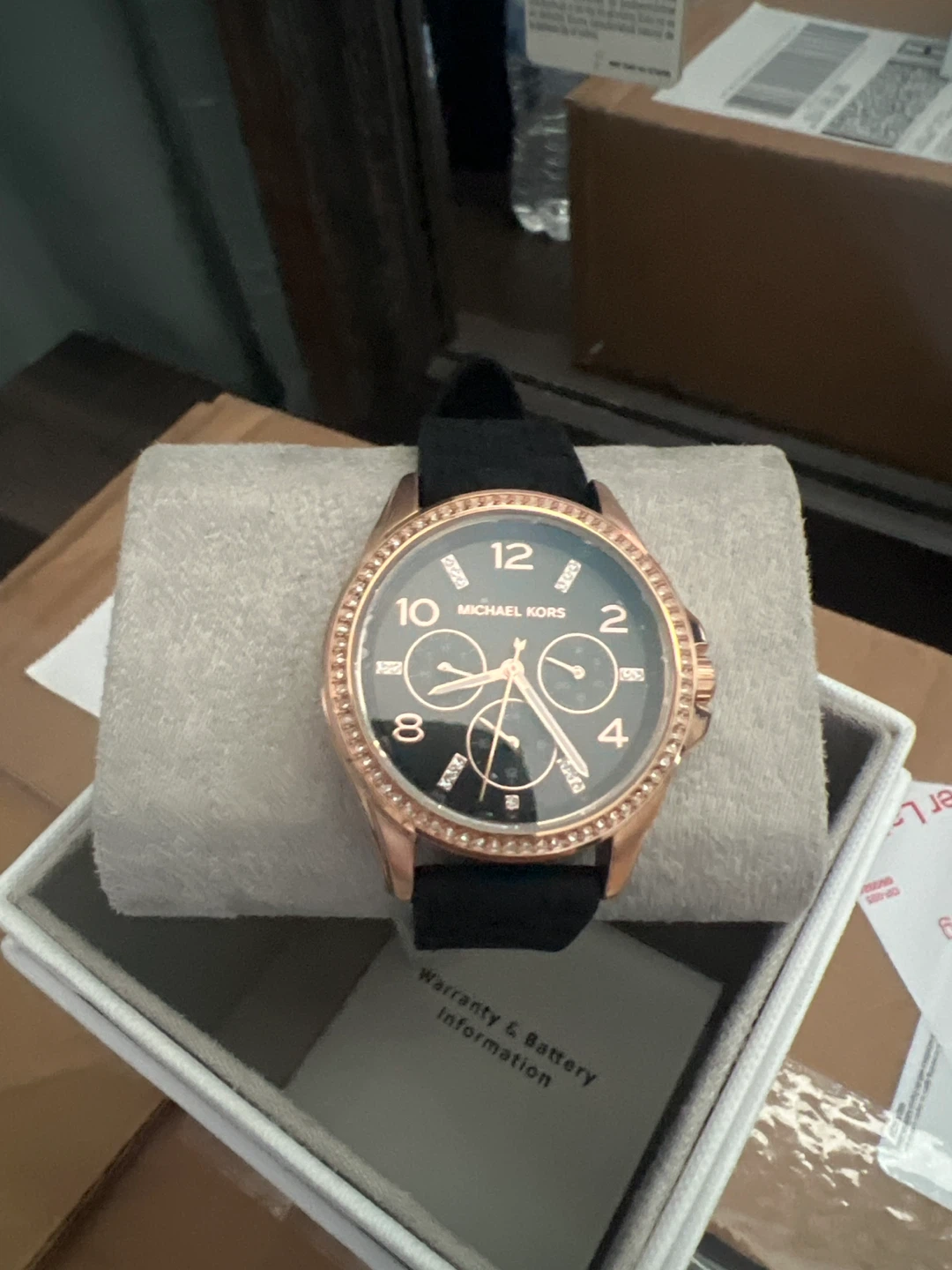 Michael Kors Women's Watch Rose Gold Tone Black Strap MK7373
