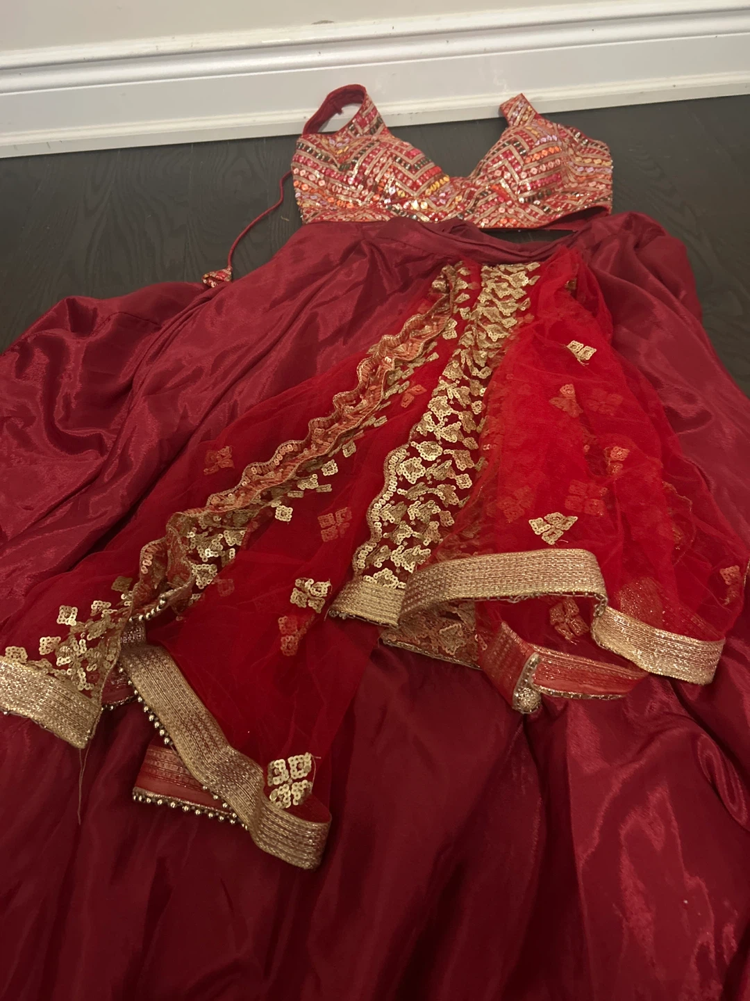 Red Sequin Embroidered Lehenga Choli Dupatta Set - photo 4