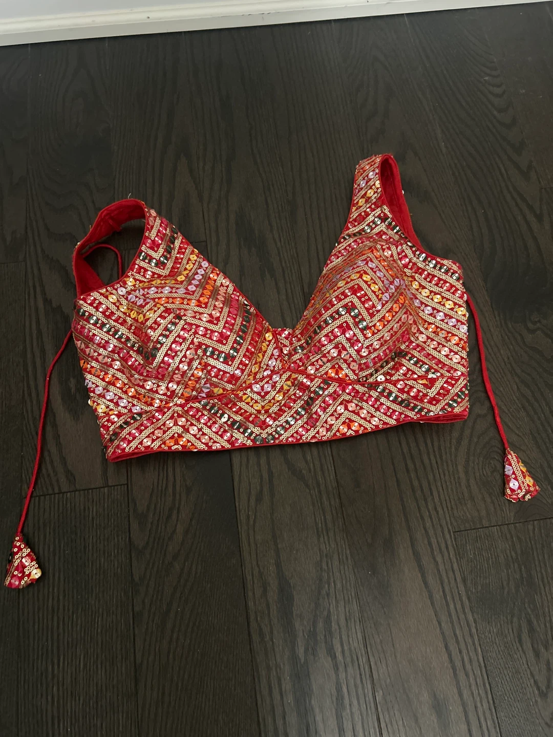 Red Sequin Embroidered Lehenga Choli Dupatta Set - photo 2