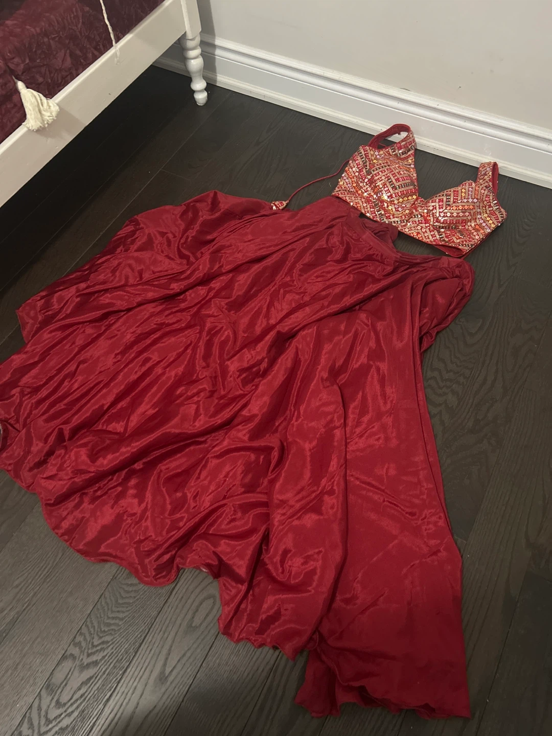 Red Sequin Embroidered Lehenga Choli Dupatta Set - photo 3