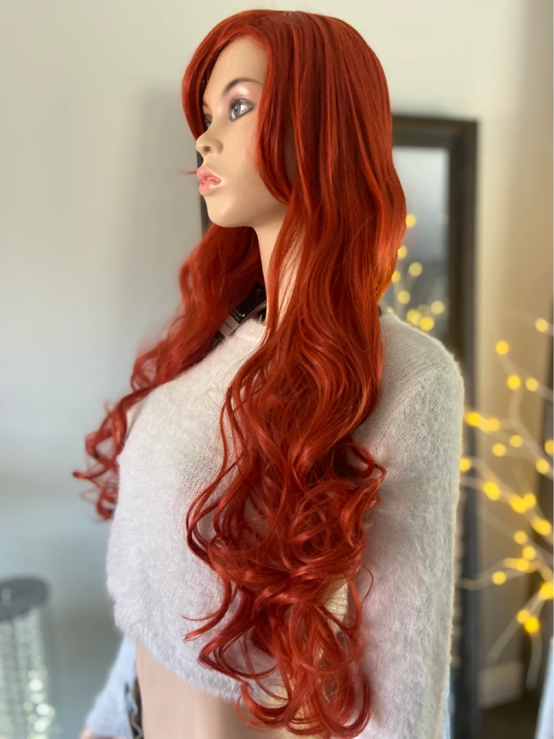 NWT: Long Curly Orange Synthetic Wig, Side-Part, Chunky Bangs - photo 5