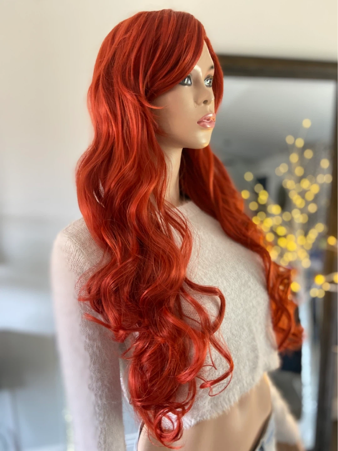 NWT: Long Curly Orange Synthetic Wig, Side-Part, Chunky Bangs - photo 2