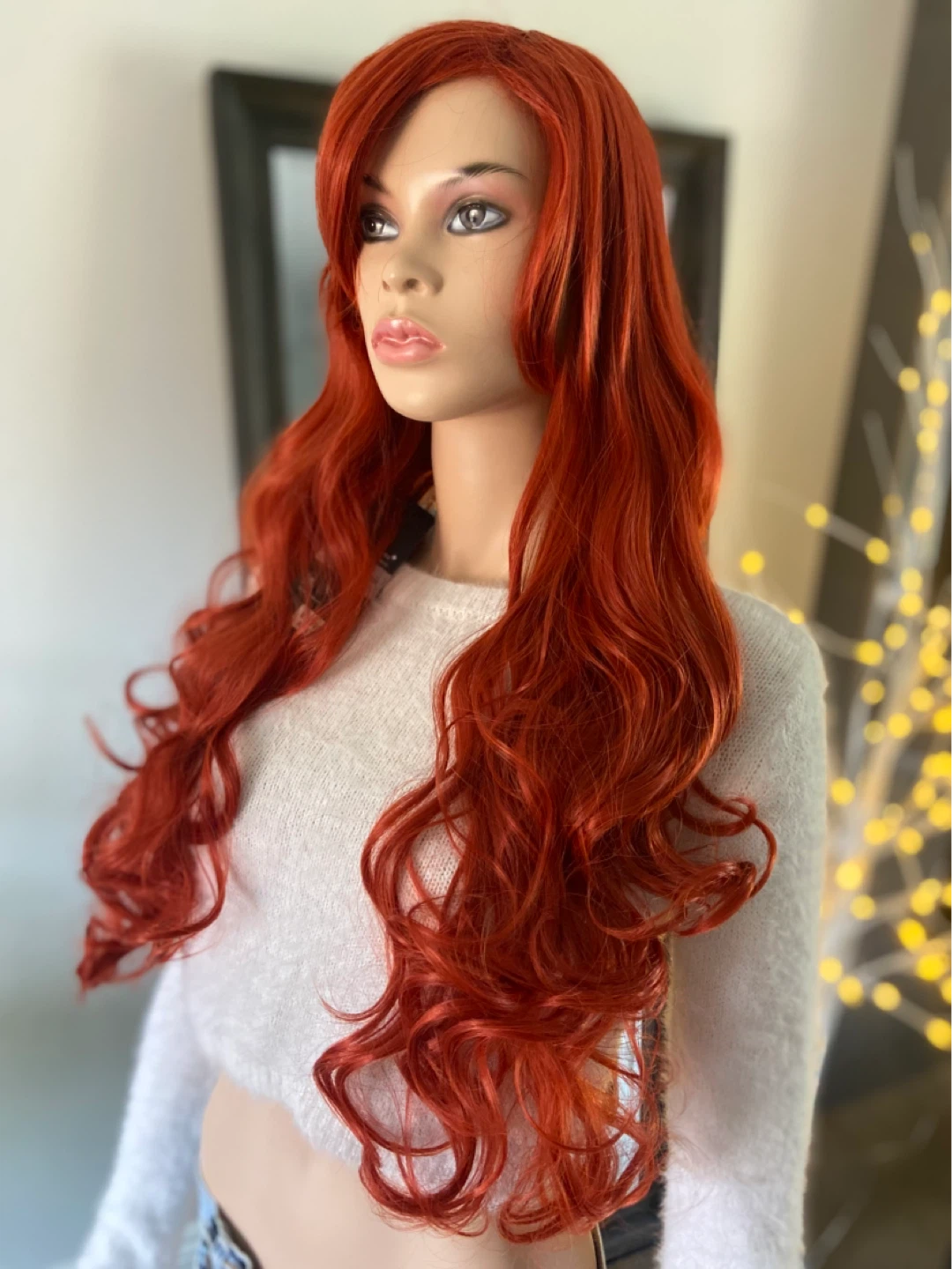NWT: Long Curly Orange Synthetic Wig, Side-Part, Chunky Bangs - photo 3