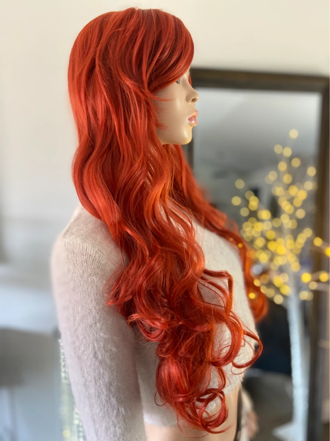 NWT: Long Curly Orange Synthetic Wig, Side-Part, Chunky Bangs - photo 4