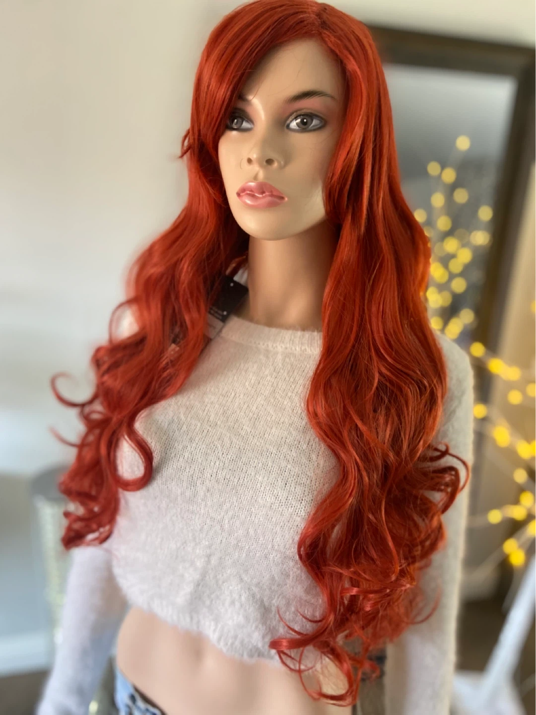 NWT: Long Curly Orange Synthetic Wig, Side-Part, Chunky Bangs