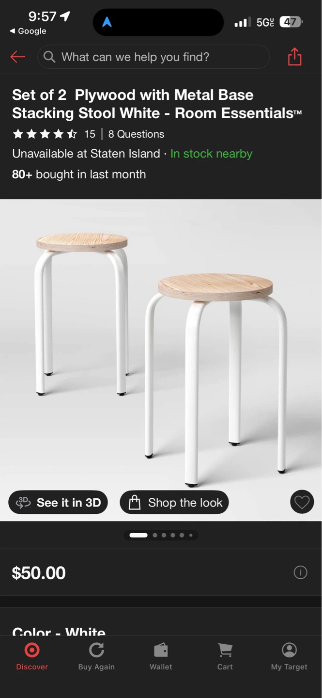 Set of 2 Plywood Stacking Stools with Metal Base - White